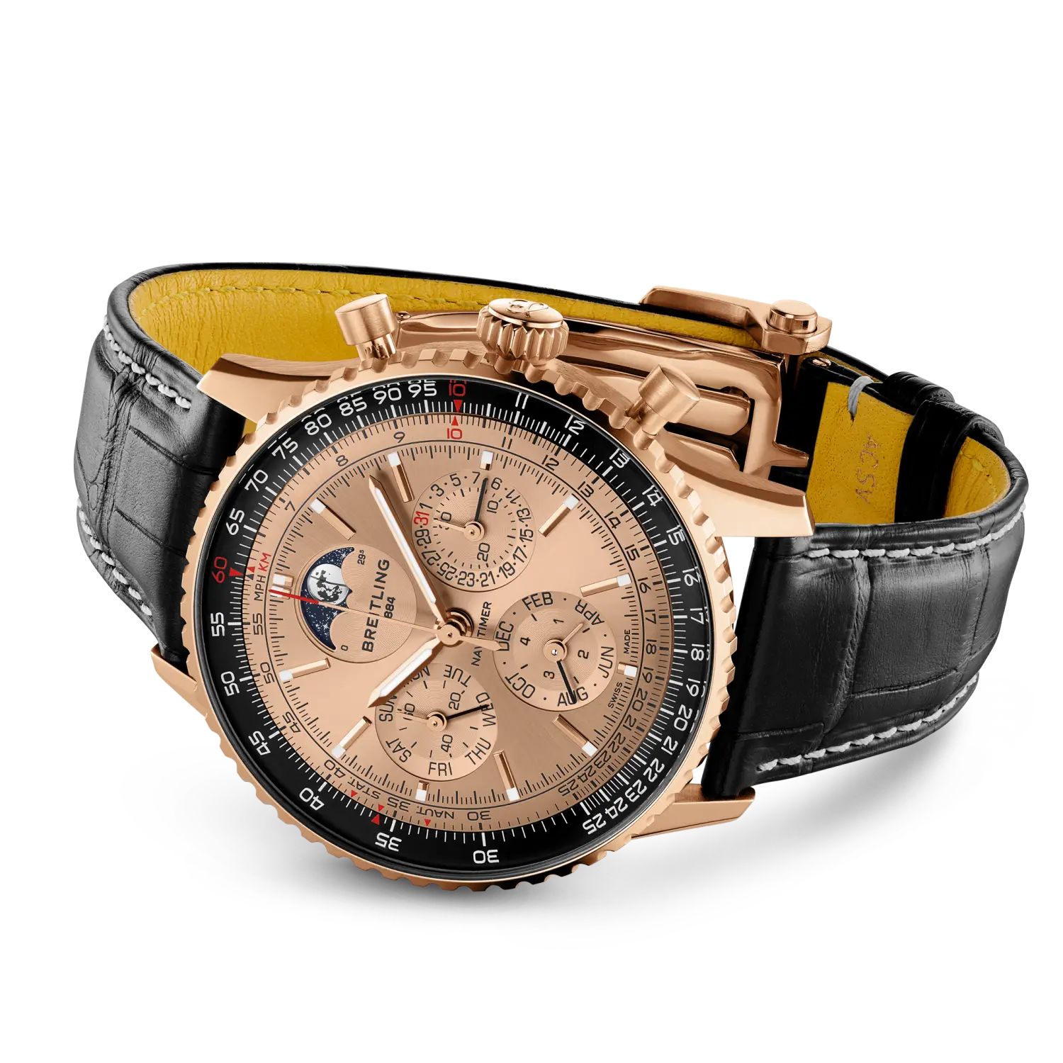 Breitling Navitimer B19 Chronograph 43 Perpetual Calendar 140th Anniversary reference RB19101A1H1P1 with Solid gold dial, 18k red gold case, alligator strap, bracelet or strap configuration view