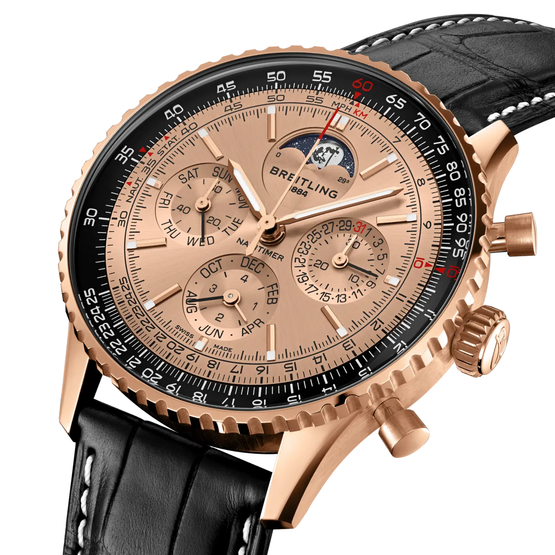 Breitling Navitimer B19 Chronograph 43 Perpetual Calendar 140th Anniversary reference RB19101A1H1P1 with Solid gold dial, 18k red gold case, alligator strap, three-quarter view