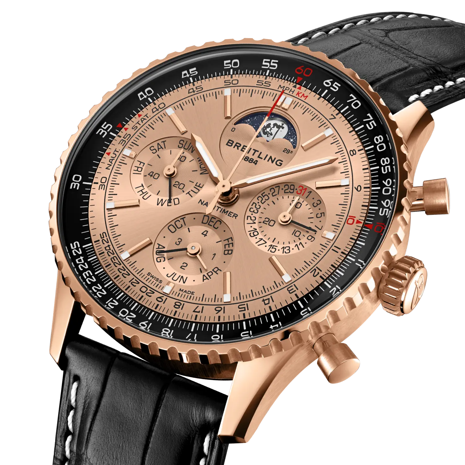 Breitling Navitimer B19 Chronograph 43 Perpetual Calendar 140th Anniversary reference RB19101A1H1P1 with Solid gold dial, 18k red gold case, alligator strap, three-quarter view