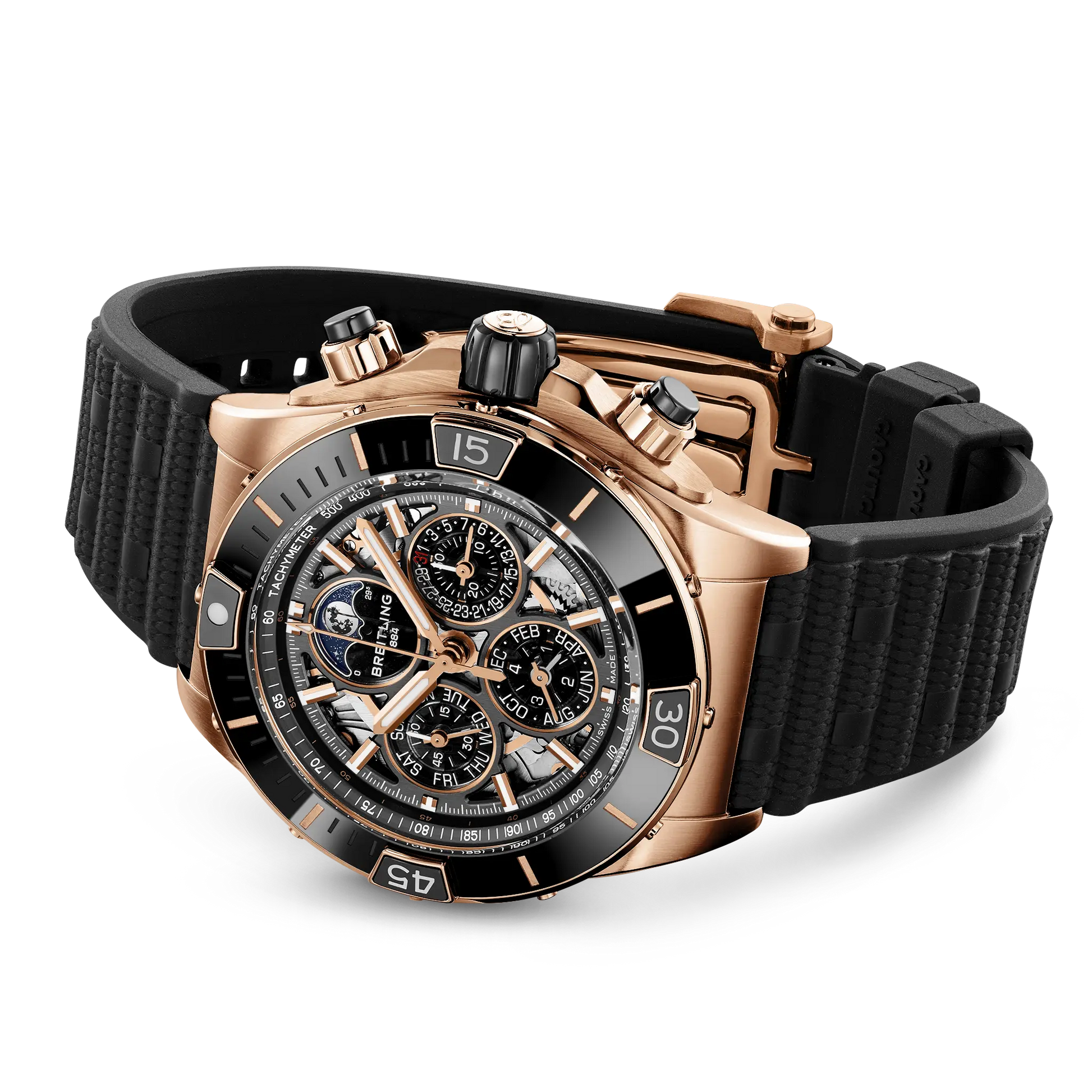Breitling Super Chronomat B19 44 Perpetual Calendar 140th Anniversary reference RB19301A1G1S1 with Transparent dial, 18k red gold case, rubber strap, bracelet or strap configuration view