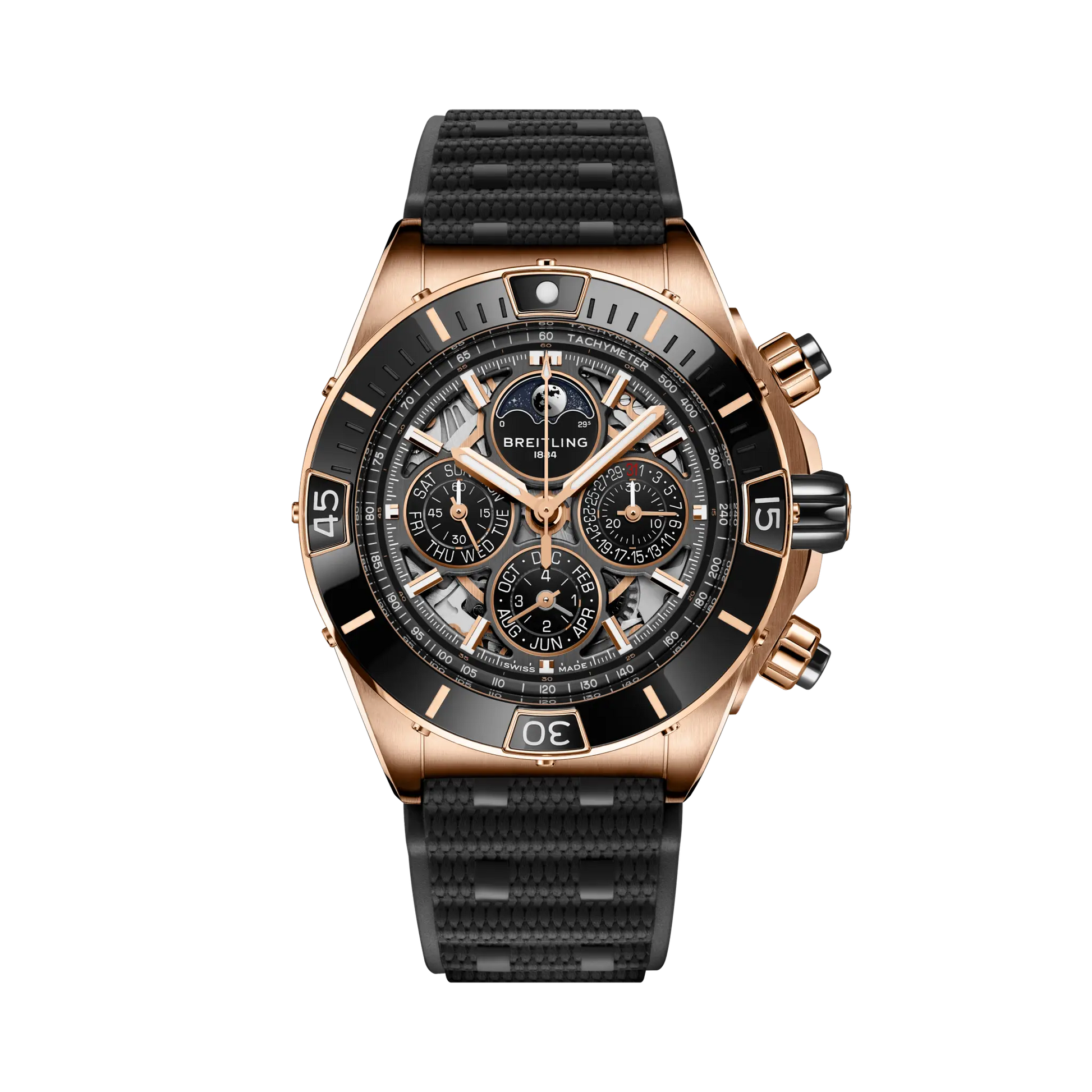 Breitling Super Chronomat B19 44 Perpetual Calendar 140th Anniversary reference RB19301A1G1S1 with Transparent dial, 18k red gold case, rubber strap, front view
