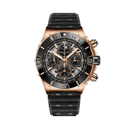 Breitling Super Chronomat B19 44 Perpetual Calendar 140th Anniversary reference RB19301A1G1S1 with Transparent dial, 18k red gold case, rubber strap, front view