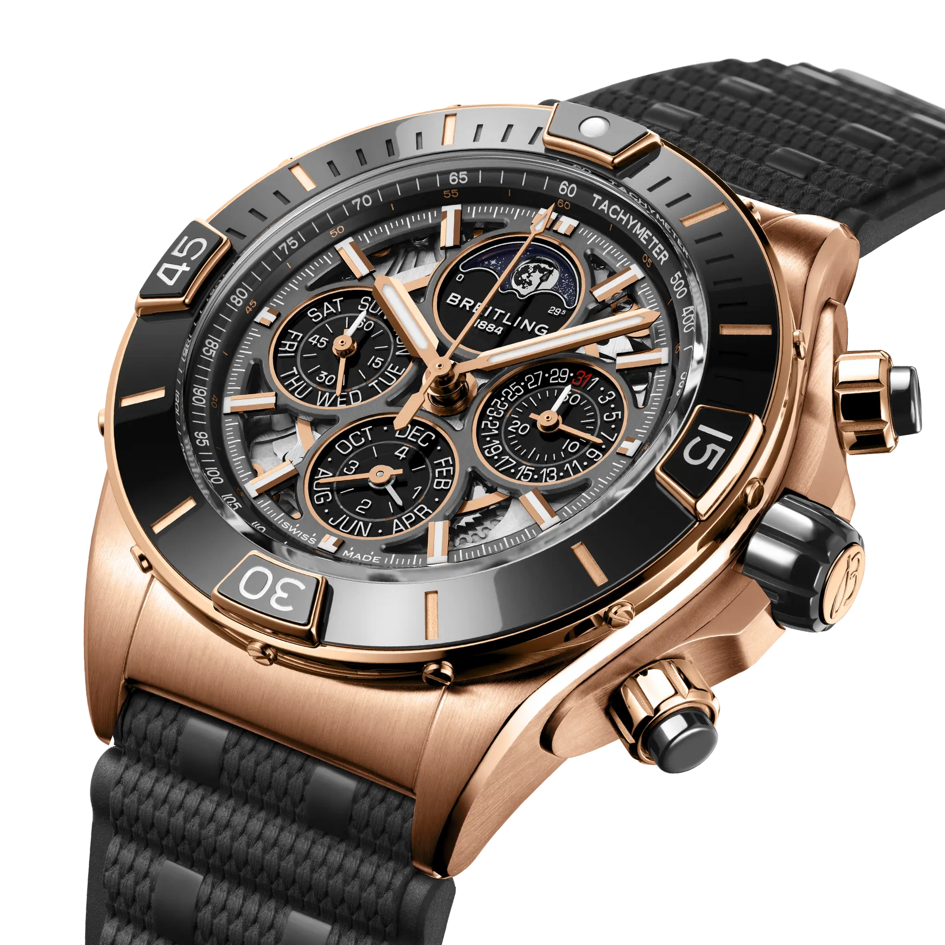 Breitling Super Chronomat B19 44 Perpetual Calendar 140th Anniversary reference RB19301A1G1S1 with Transparent dial, 18k red gold case, rubber strap, three-quarter view