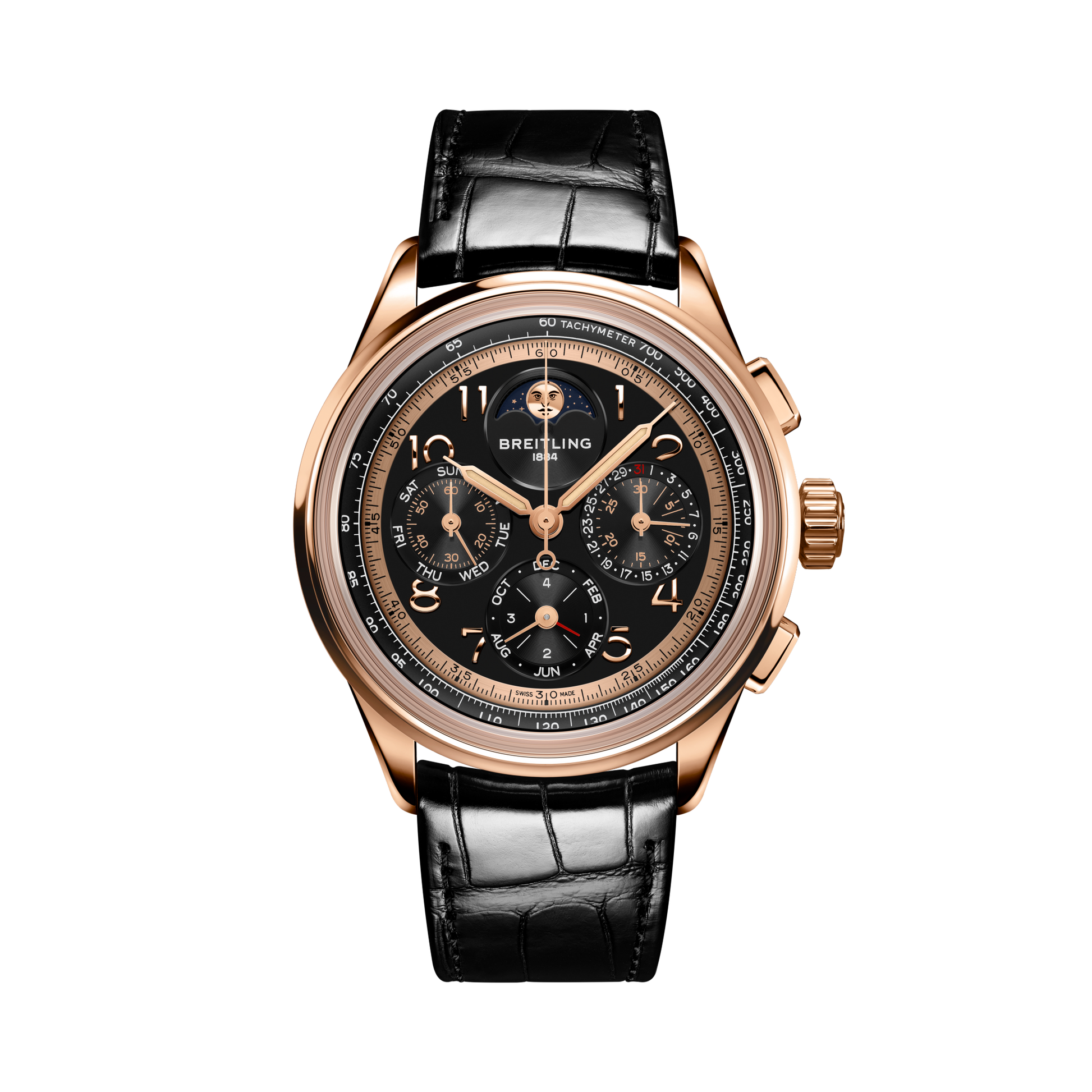Breitling Premier B19 Datora 42 140th Anniversary reference RB19401A1B1P1 with Black dial, 18k red gold case, alligator strap, front view