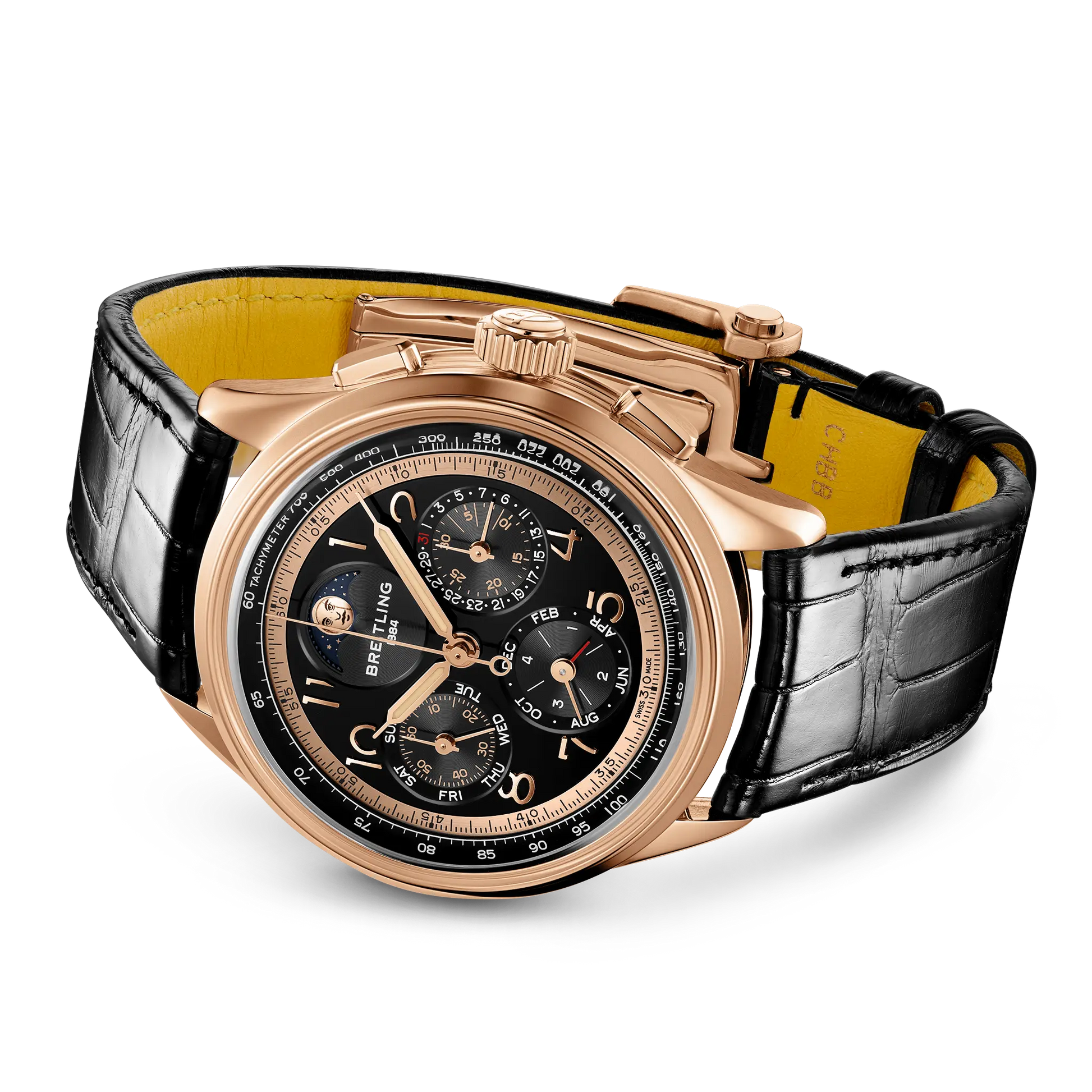 Breitling Premier B19 Datora 42 140th Anniversary reference RB19401A1B1P1 with Black dial, 18k red gold case, alligator strap, bracelet or strap configuration view