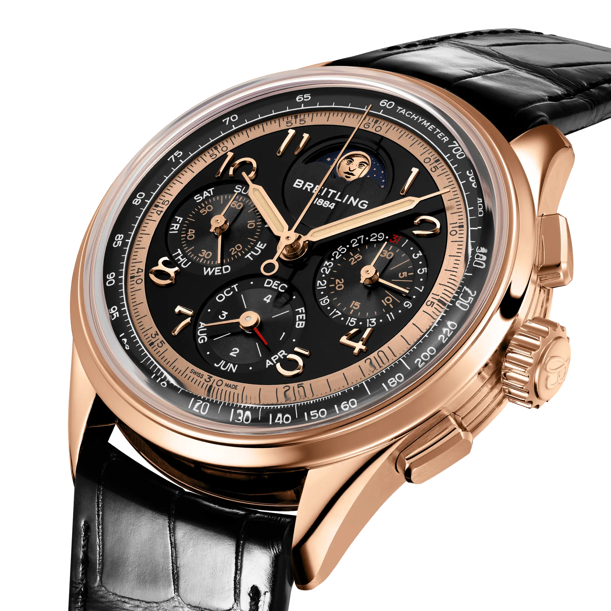 Breitling Premier B19 Datora 42 140th Anniversary reference RB19401A1B1P1 with Black dial, 18k red gold case, alligator strap, three-quarter view