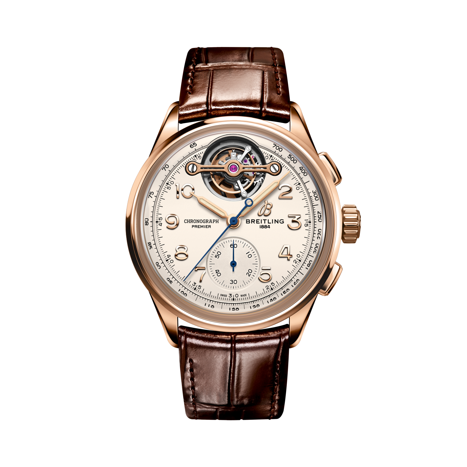 Breitling Premier B21 Chronograph Tourbillon 42 Léon Breitling reference RB2120211G1P1 with Cream dial, 18k red gold case, alligator strap, front view