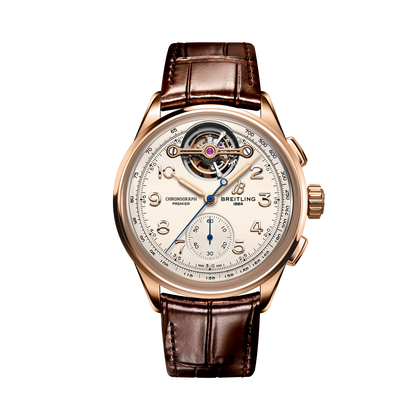 Breitling Premier B21 Chronograph Tourbillon 42 Léon Breitling reference RB2120211G1P1 with Cream dial, 18k red gold case, alligator strap, front view