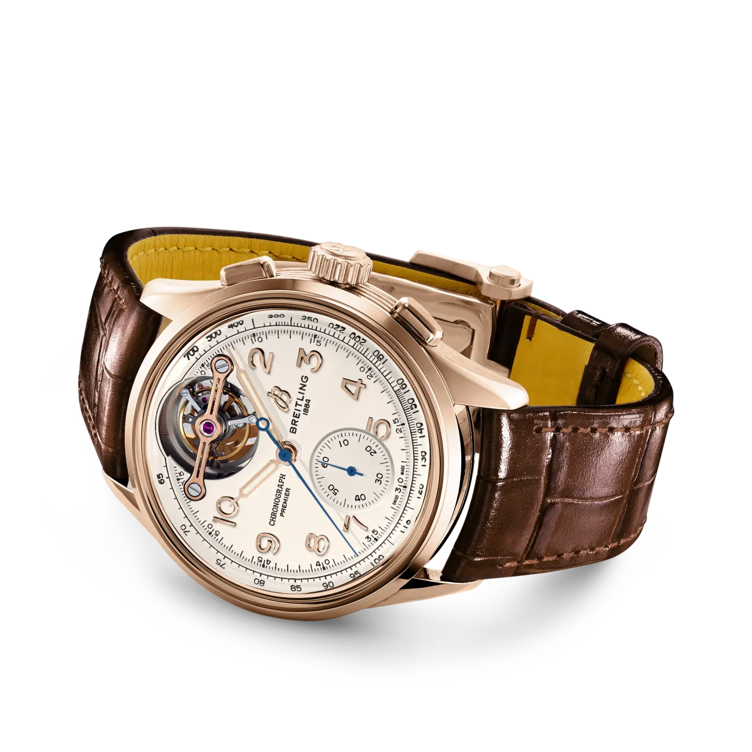 Breitling Premier B21 Chronograph Tourbillon 42 Léon Breitling reference RB2120211G1P1 with Cream dial, 18k red gold case, alligator strap, bracelet or strap configuration view