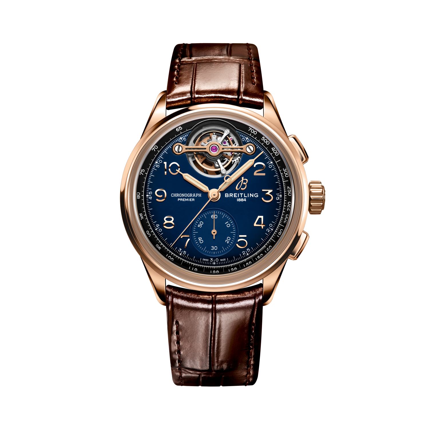 Breitling Premier B21 Chronograph Tourbillon 42 Limited Edition reference RB21204A1C1P1 with Blue dial, 18k red gold case, alligator strap, front view