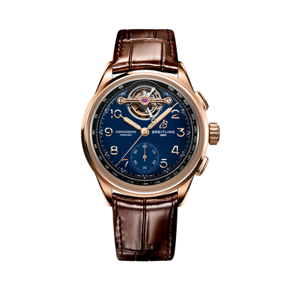 Breitling Premier B21 Chronograph Tourbillon 42 Limited Edition reference RB21204A1C1P1 with Blue dial, 18k red gold case, alligator strap, front view