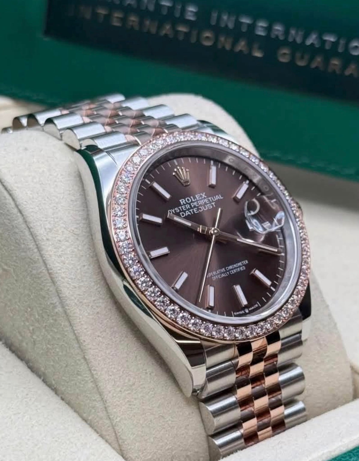 Angled case view of Rolex Datejust 36 126281RBR with chocolate dial and two-tone Jubilee bracelet
