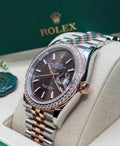 Crown-side view of Rolex Datejust 36 126281RBR showing Everose gold winding crown and diamond bezel