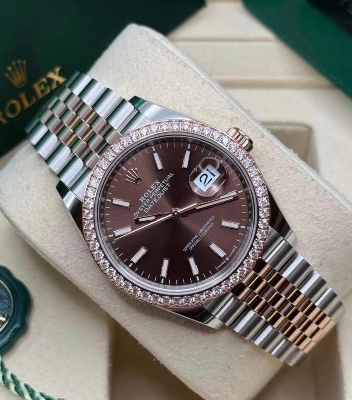 Chocolate baton dial and diamond-set bezel of the unworn 2026 Rolex Datejust 36 126281RBR