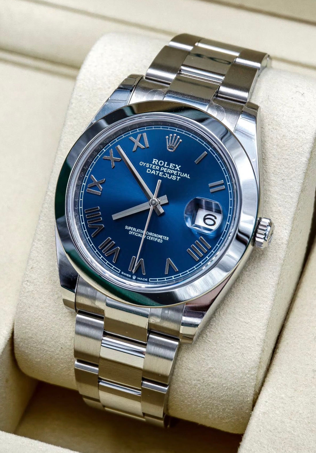 Rolex Datejust 41 126300 unworn 2026 bright blue Roman dial on Oyster bracelet, angled dial view