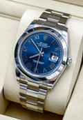 Rolex Datejust 41 126300 unworn 2026 bright blue Roman dial on Oyster bracelet, angled dial view