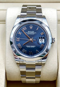 Rolex Datejust 41 126300-0029 unworn 2026, new bright blue Roman dial, smooth bezel and Oyster bracelet, front view