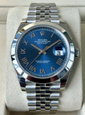 Rolex Datejust 41 126300-0030 unworn 2026: Front view of the bright blue sunray Roman dial, smooth bezel and Jubilee bracelet