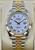 Unworn 2026 Rolex Datejust 41 126333 with white Roman-numeral dial, yellow-gold fluted bezel and two-tone Jubilee bracelet
