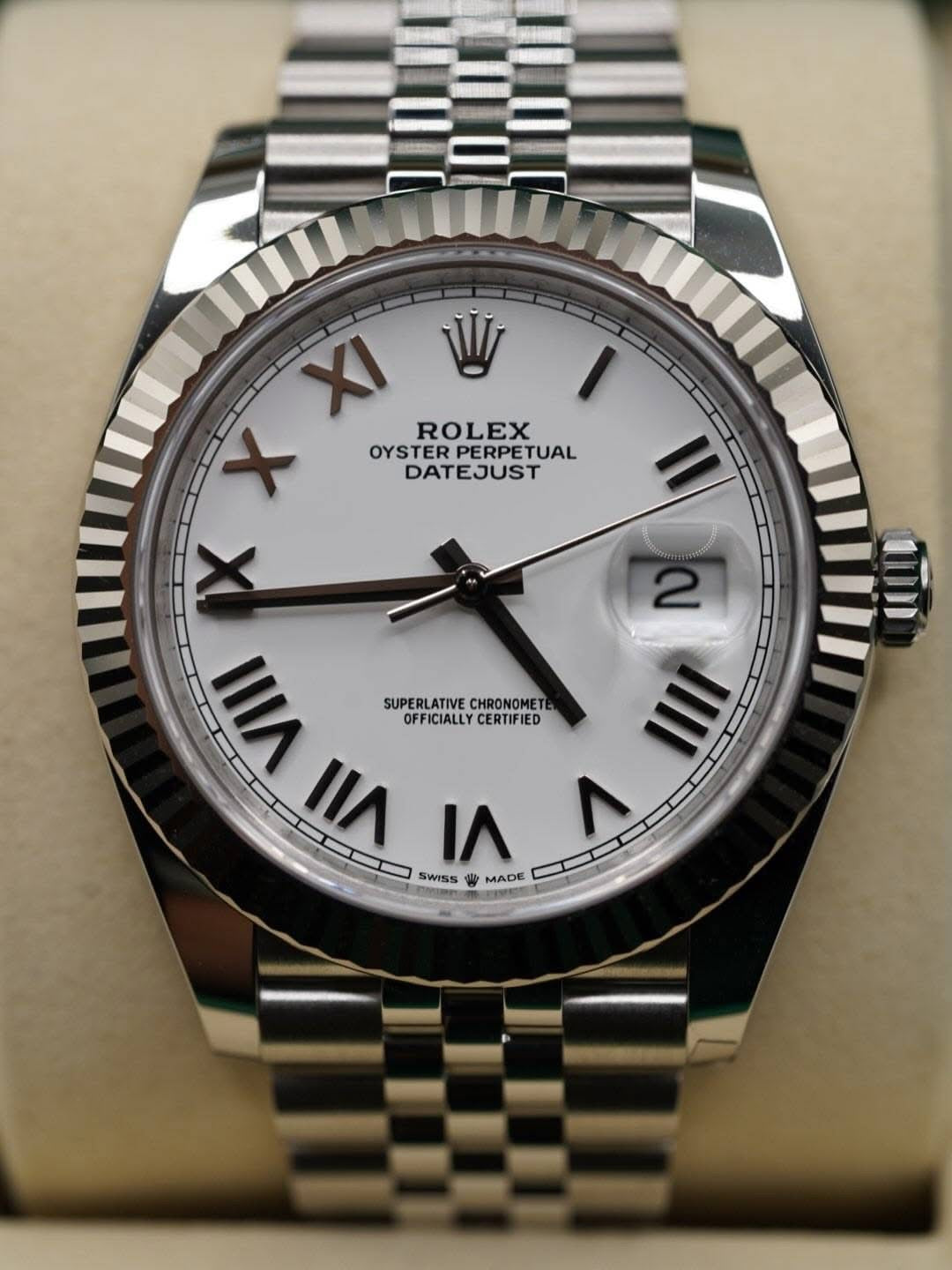 Rolex Datejust 41 126334-0036 with new 2026 white Roman dial, fluted bezel and Jubilee bracelet, front view
