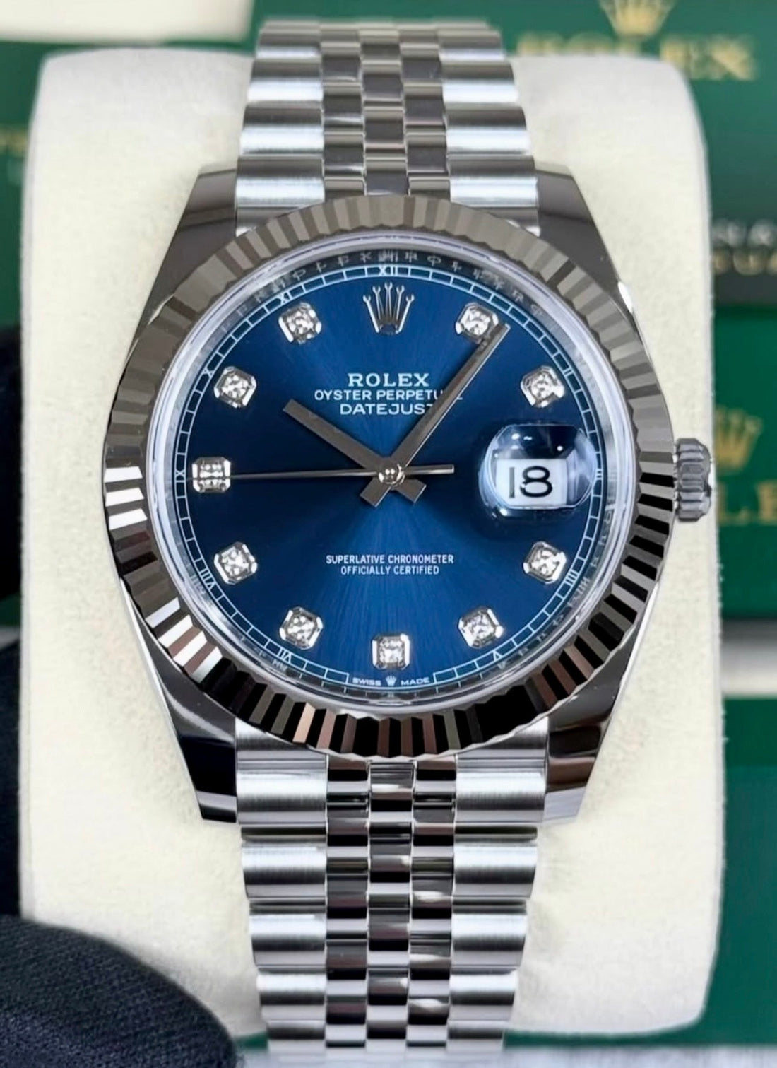 Rolex Datejust 41 126334 straight-on view with blue diamond-set dial, white-gold fluted bezel and Jubilee bracelet