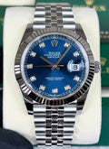 Rolex Datejust 41 126334 straight-on view with blue diamond-set dial, white-gold fluted bezel and Jubilee bracelet