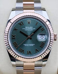 Rolex Datejust 41 green Roman dial 126331, front view with fluted Everose gold bezel and Oyster bracelet