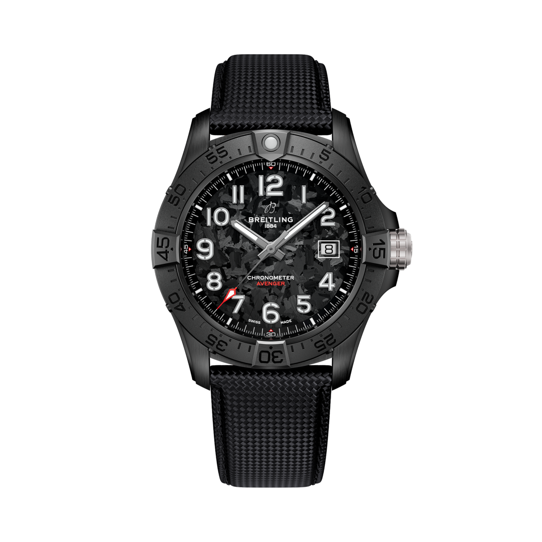 Breitling Avenger Automatic 42 Night Mission reference S17328101B1X1 with Carbon dial, Ceramic case, anthracite calfskin strap, front view