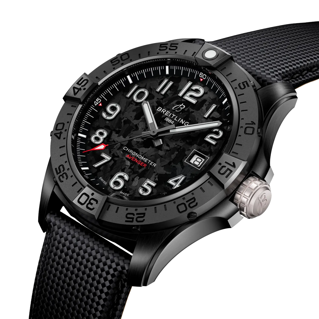 Breitling Avenger Automatic 42 Night Mission reference S17328101B1X1 with Carbon dial, Ceramic case, anthracite calfskin strap, front view