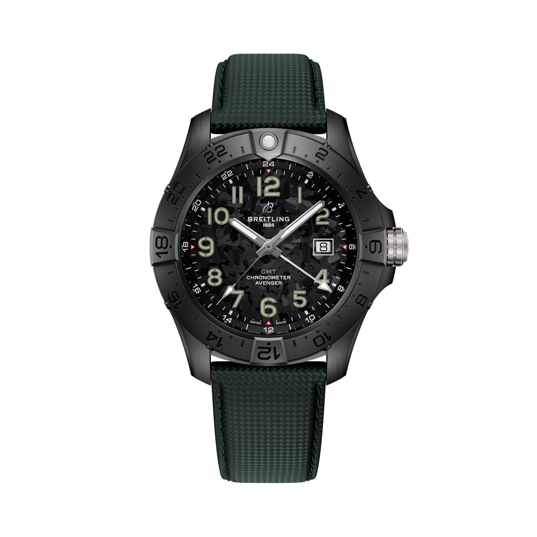 Breitling Avenger Automatic GMT 44 Night Mission reference S32320101B1X1 with Carbon dial, Ceramic case, green calfskin strap, front view
