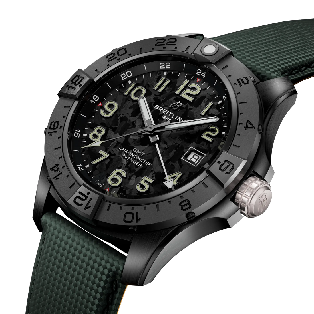 Breitling Avenger Automatic GMT 44 Night Mission reference S32320101B1X1 with Carbon dial, Ceramic case, green calfskin strap, front view
