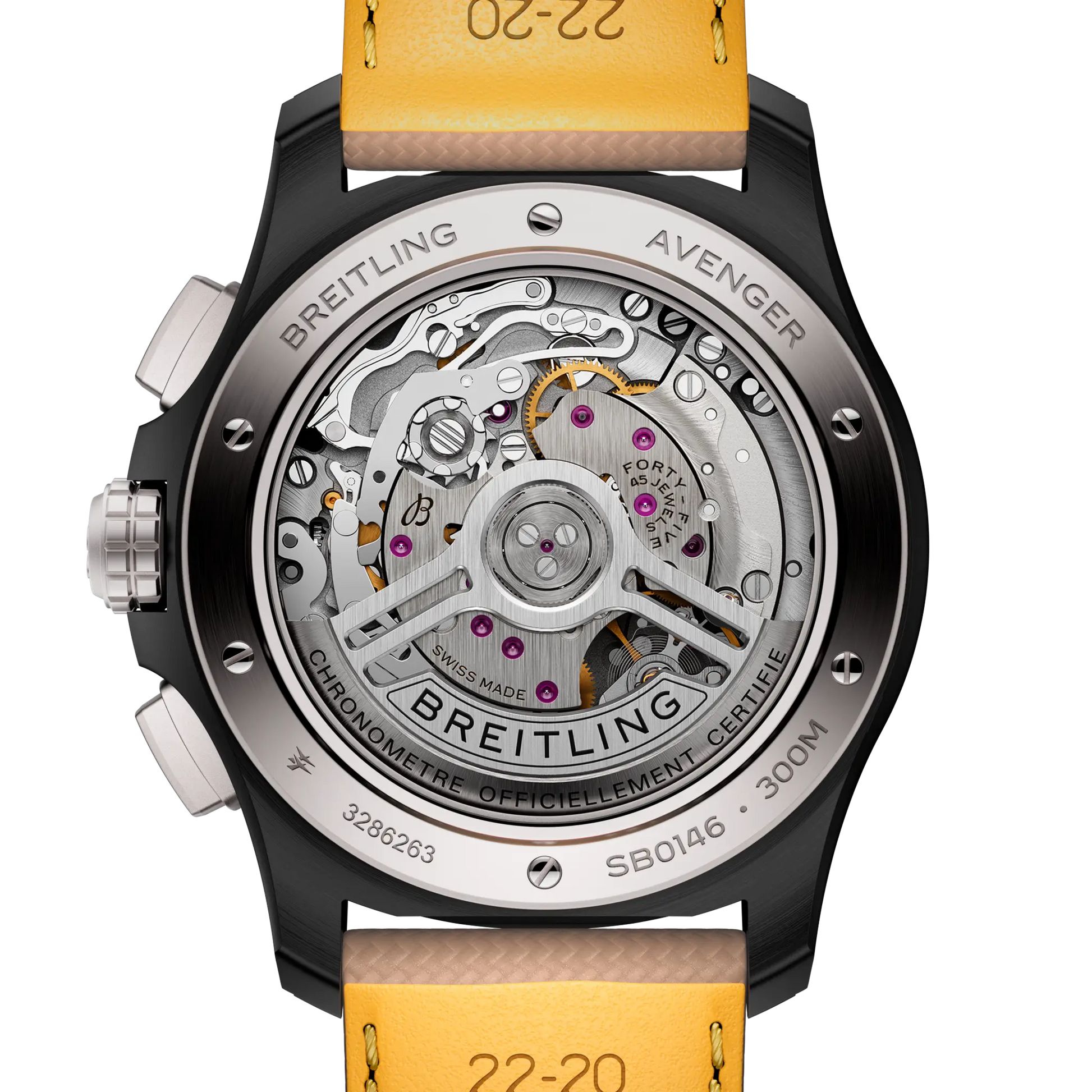 Caseback view of Breitling Avenger B01 Chronograph 42 Night Mission reference SB0146101B1X1
