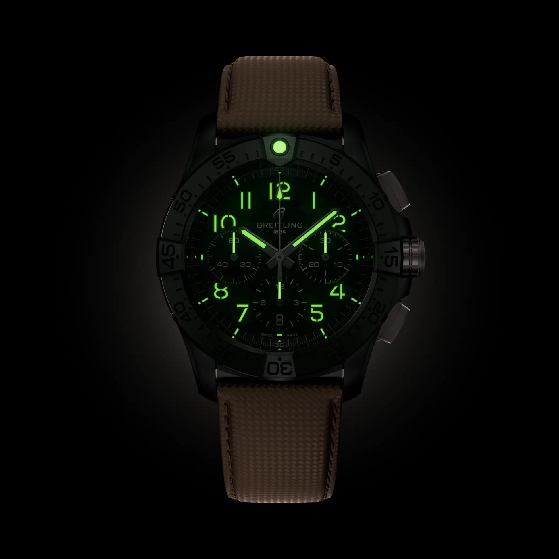 Breitling Avenger B01 Chronograph 42 Night Mission reference SB0146101B1X1 with Carbon dial, Ceramic case, calfskin strap, illuminated dial view