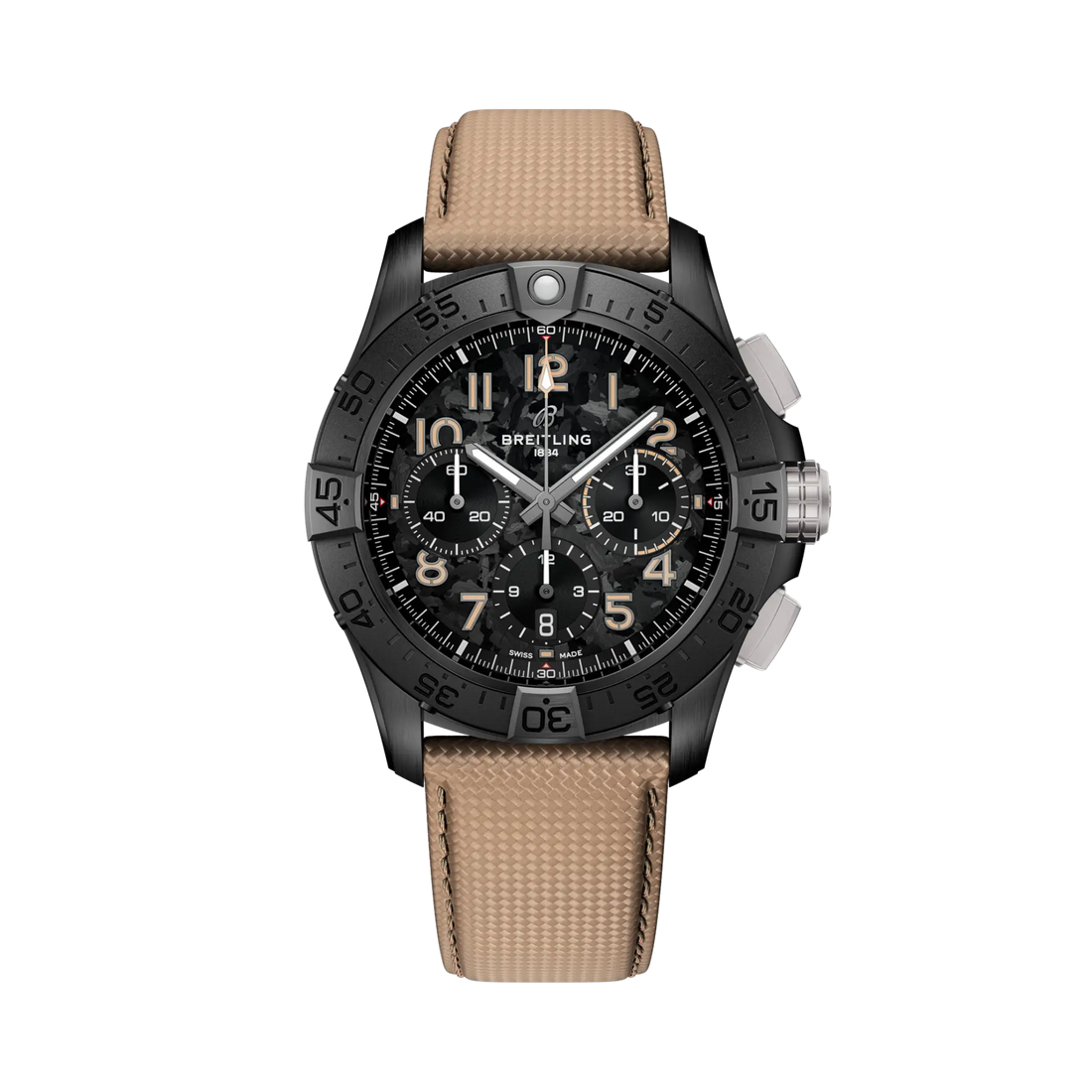 Breitling Avenger B01 Chronograph 42 Night Mission reference SB0146101B1X1 with Carbon dial, Ceramic case, calfskin strap, front view