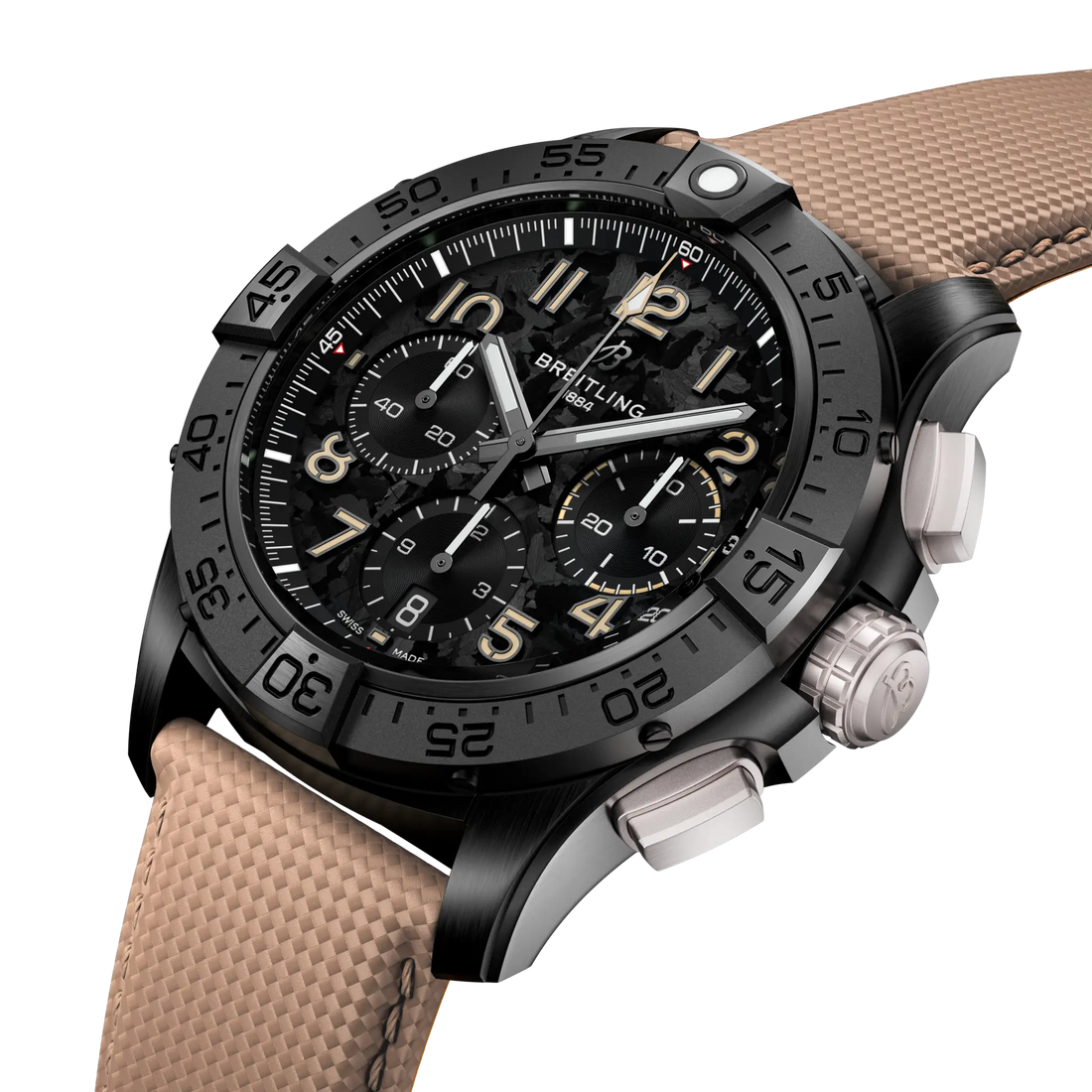 Breitling Avenger B01 Chronograph 42 Night Mission reference SB0146101B1X1 with Carbon dial, Ceramic case, calfskin strap, front view