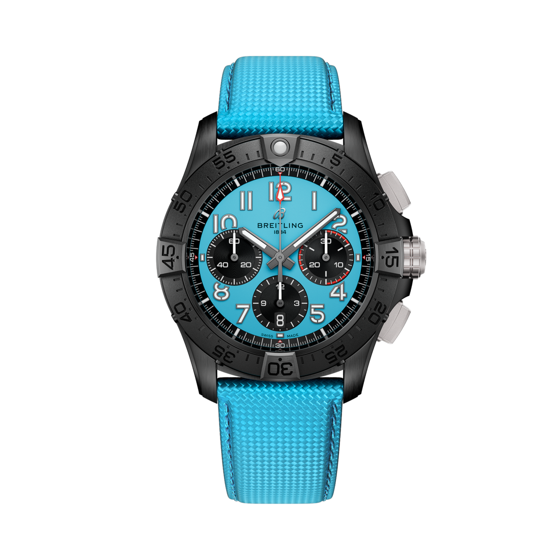 Breitling Avenger B01 Chronograph 42 Night Mission reference SB0146101L1X1 with Turquoise dial, Ceramic case, turquoise calfskin strap, front view