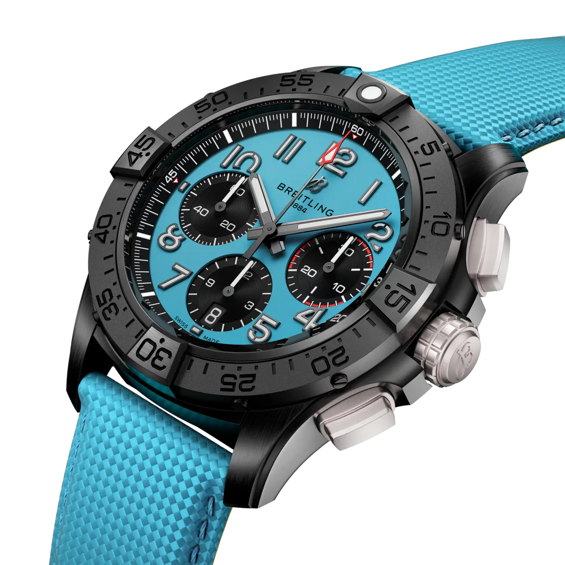 Breitling Avenger B01 Chronograph 42 Night Mission reference SB0146101L1X1 with Turquoise dial, Ceramic case, turquoise calfskin strap, front view