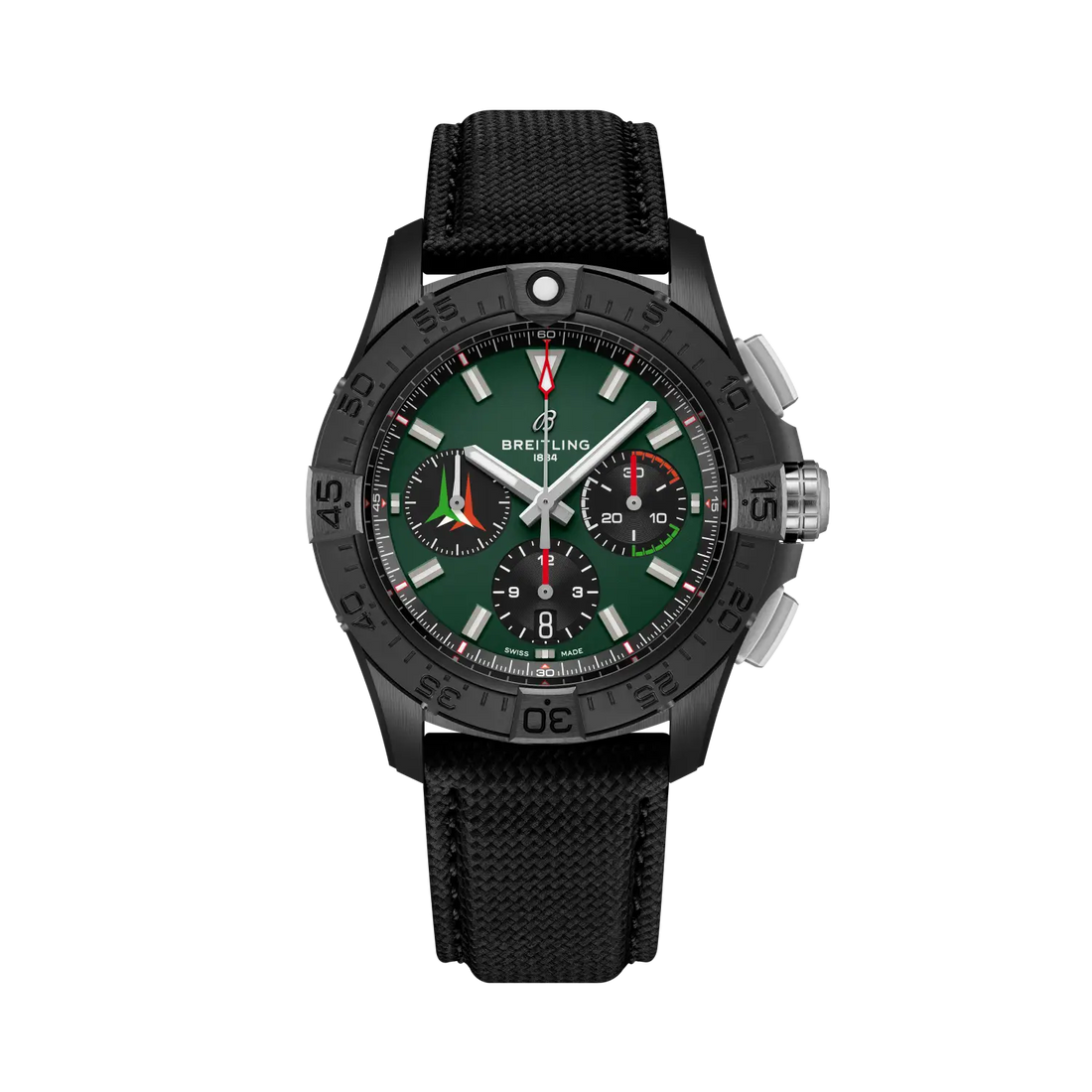 Breitling Avenger B01 Chronograph 42 reference SB01462A1L1X1 with Green dial, Ceramic case, calfskin strap, front view