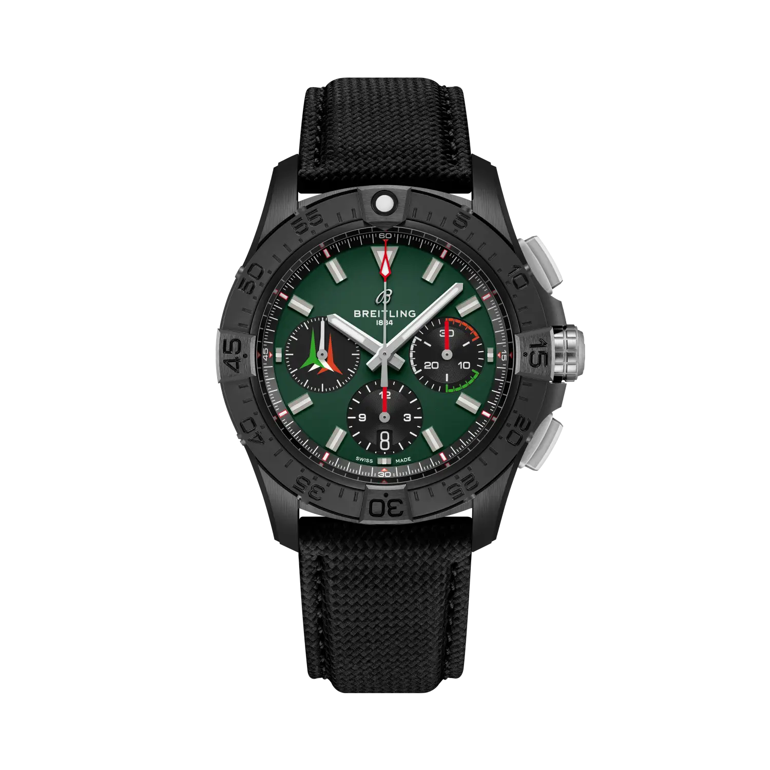 Breitling Avenger B01 Chronograph 42 reference SB01462A1L1X1 with Green dial, Ceramic case, calfskin strap, front view