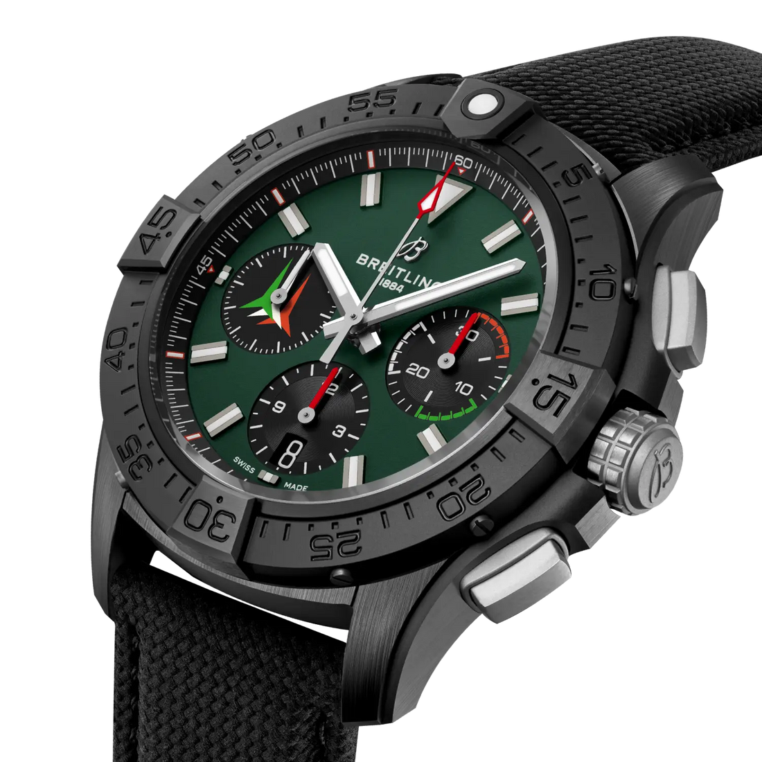 Breitling Avenger B01 Chronograph 42 reference SB01462A1L1X1 with Green dial, Ceramic case, calfskin strap, front view