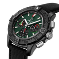 Breitling Avenger B01 Chronograph 42 reference SB01462A1L1X1 with Green dial, Ceramic case, calfskin strap, three-quarter view