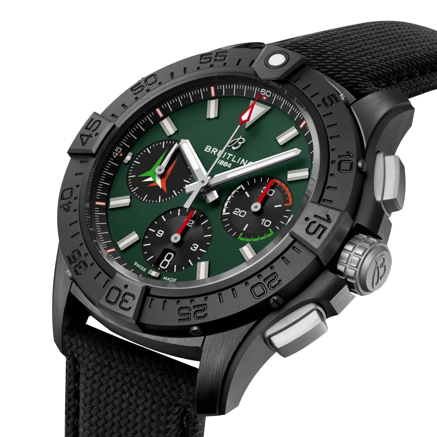 Breitling Avenger B01 Chronograph 42 reference SB01462A1L1X1 with Green dial, Ceramic case, calfskin strap, three-quarter view