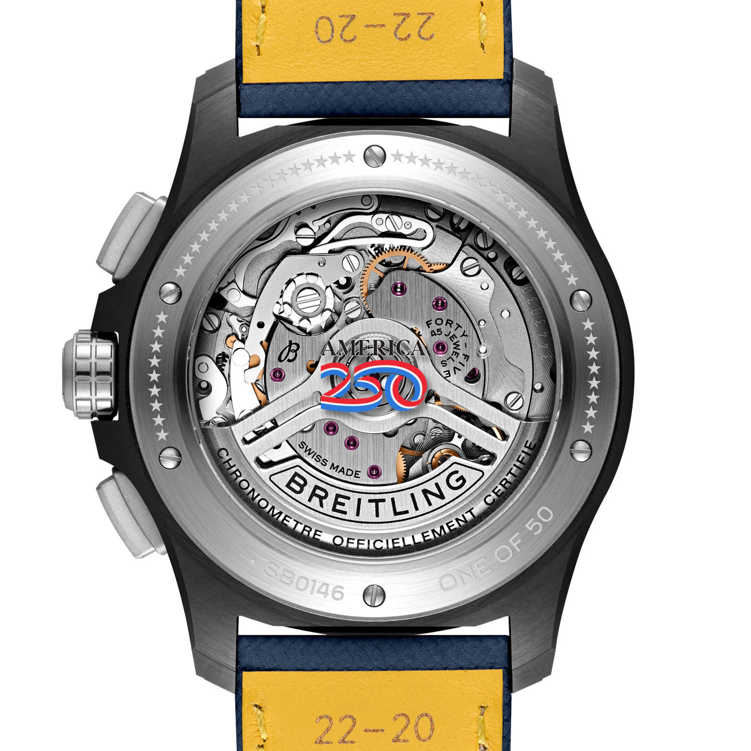 Caseback view of Breitling Avenger B01 Chronograph 42 Night Mission America250 reference SB01464A1C1X1