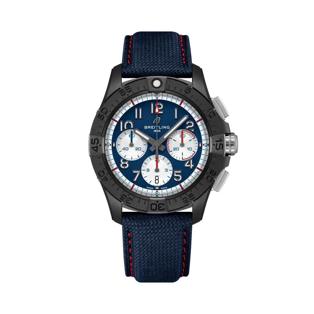 Breitling Avenger B01 Chronograph 42 Night Mission America250 reference SB01464A1C1X1 with Blue dial, Ceramic case, calfskin strap, front view