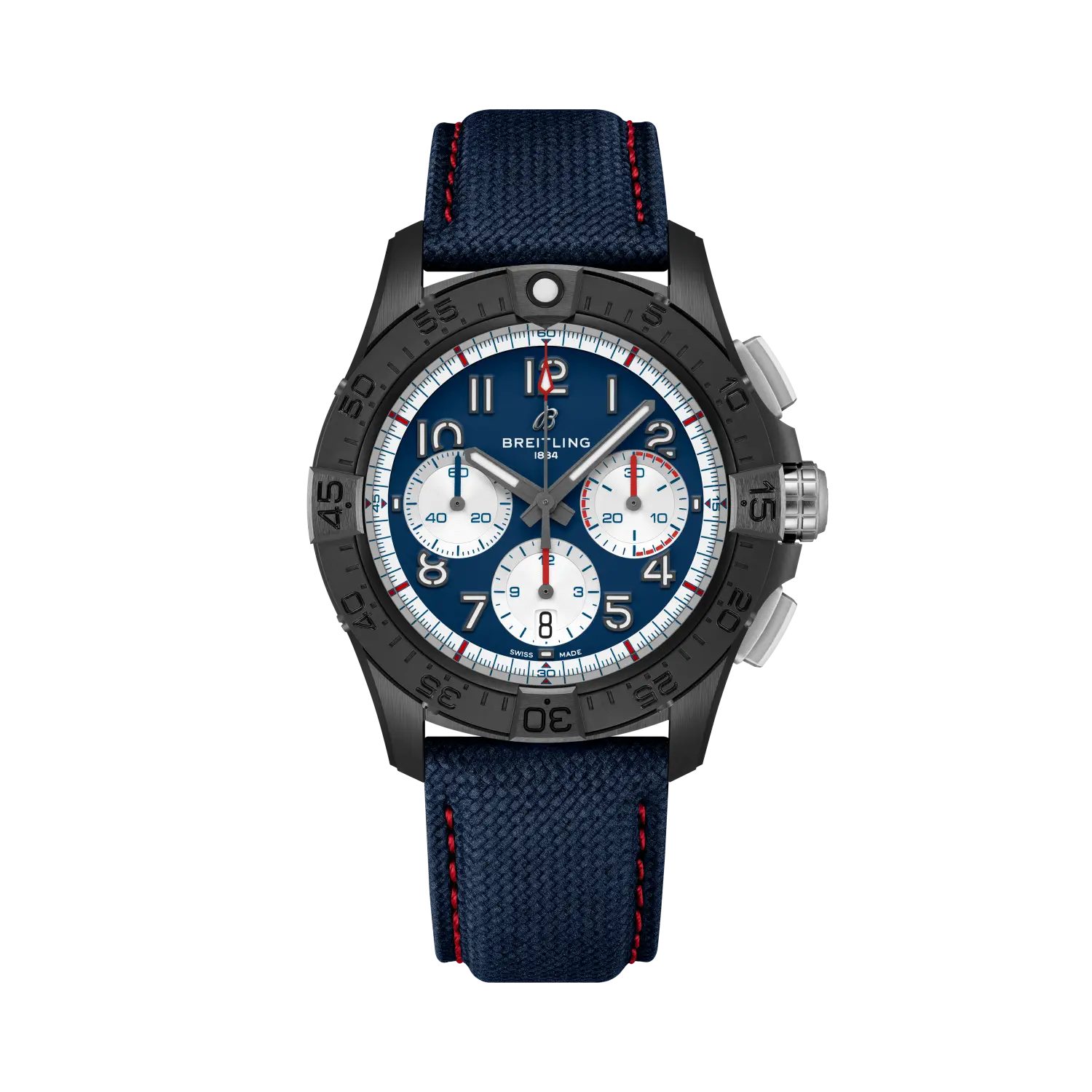 Breitling Avenger B01 Chronograph 42 Night Mission America250 reference SB01464A1C1X1 with Blue dial, Ceramic case, calfskin strap, front view