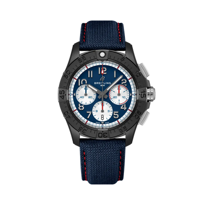 Breitling Avenger B01 Chronograph 42 Night Mission America250 reference SB01464A1C1X1 with Blue dial, Ceramic case, calfskin strap, front view