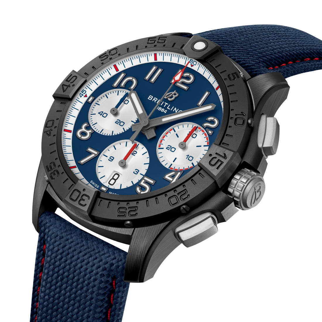 Breitling Avenger B01 Chronograph 42 Night Mission America250 reference SB01464A1C1X1 with Blue dial, Ceramic case, calfskin strap, front view