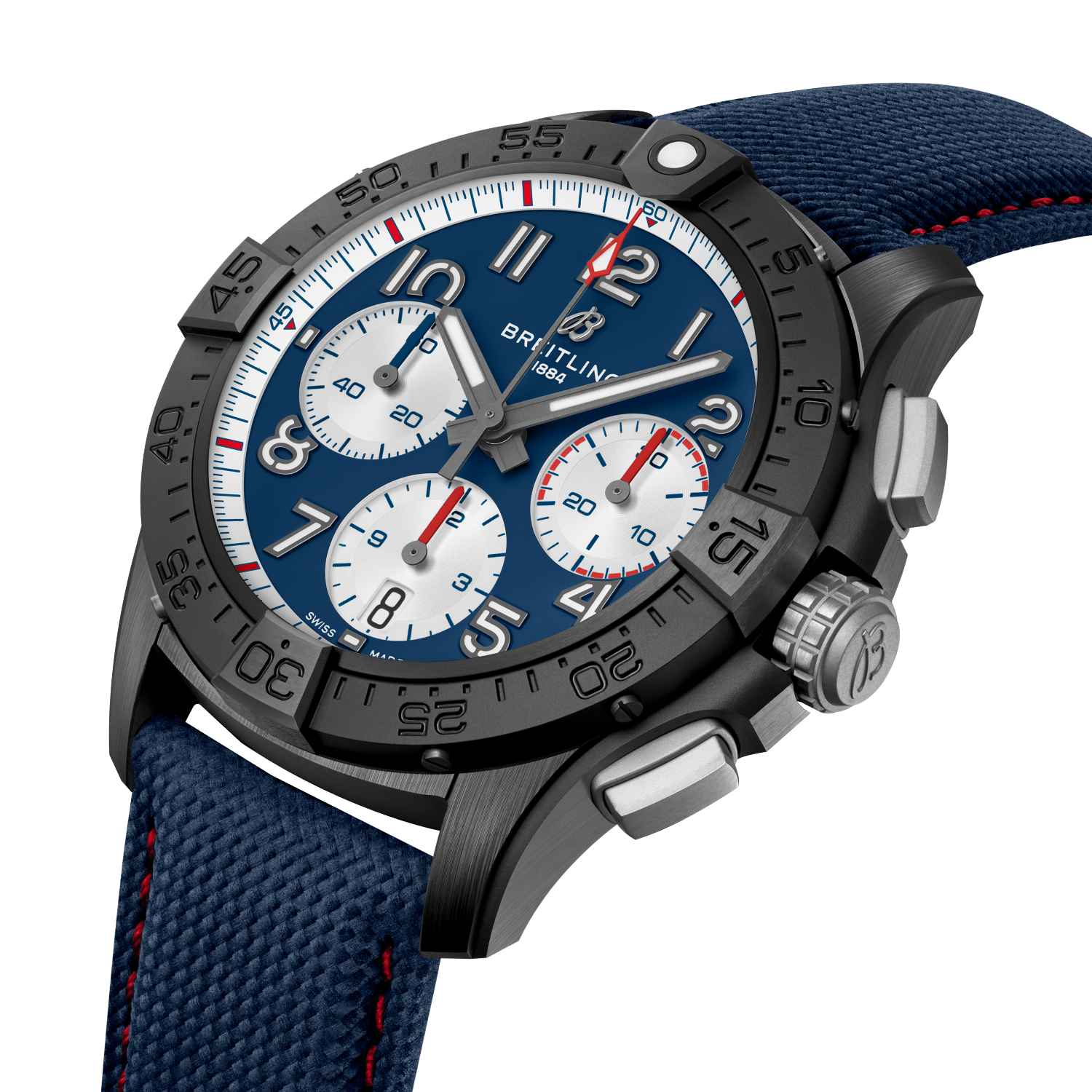 Breitling Avenger B01 Chronograph 42 Night Mission America250 reference SB01464A1C1X1 with Blue dial, Ceramic case, calfskin strap, three-quarter view