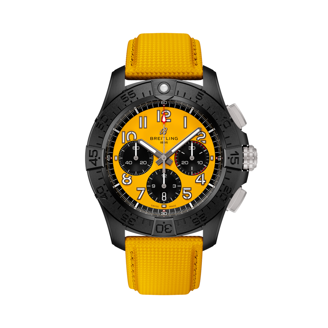 Breitling Avenger B01 Chronograph 44 Night Mission reference SB0147101I1X1 with Yellow dial, Ceramic case, yellow calfskin strap, front view