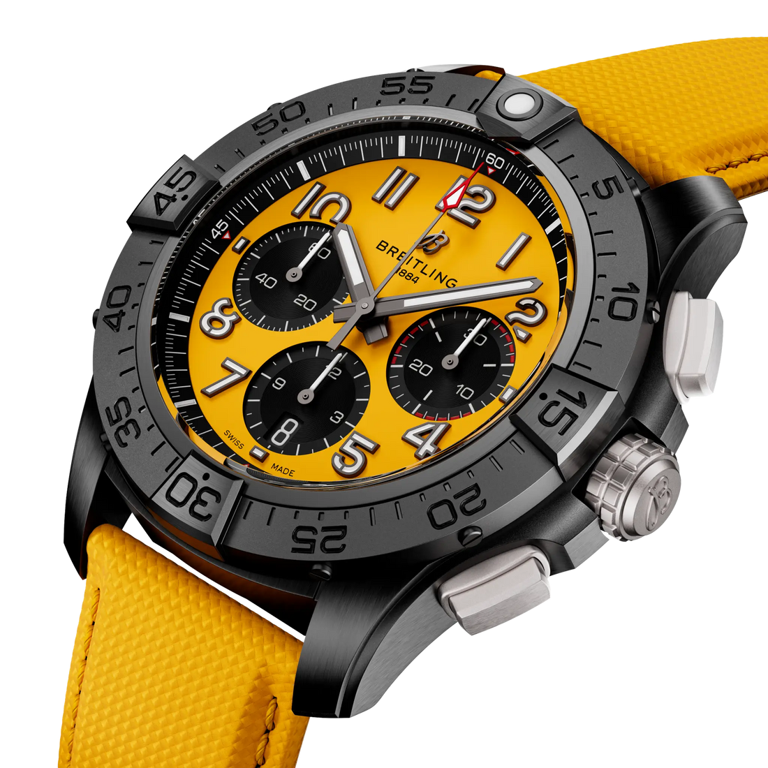 Breitling Avenger B01 Chronograph 44 Night Mission reference SB0147101I1X1 with Yellow dial, Ceramic case, yellow calfskin strap, front view